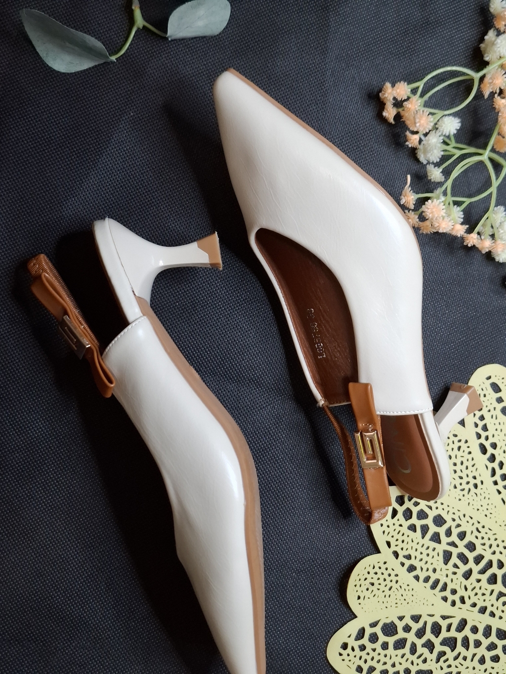 White Pointed Slingback Flats with Tan Accent - Picture 3 of 8